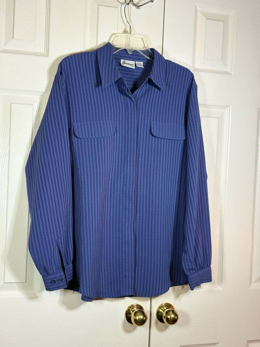 Joanna Women's Blue Striped Long Sleeve Button-Down Blouse with Dual Pockets - Picture 5 of 6